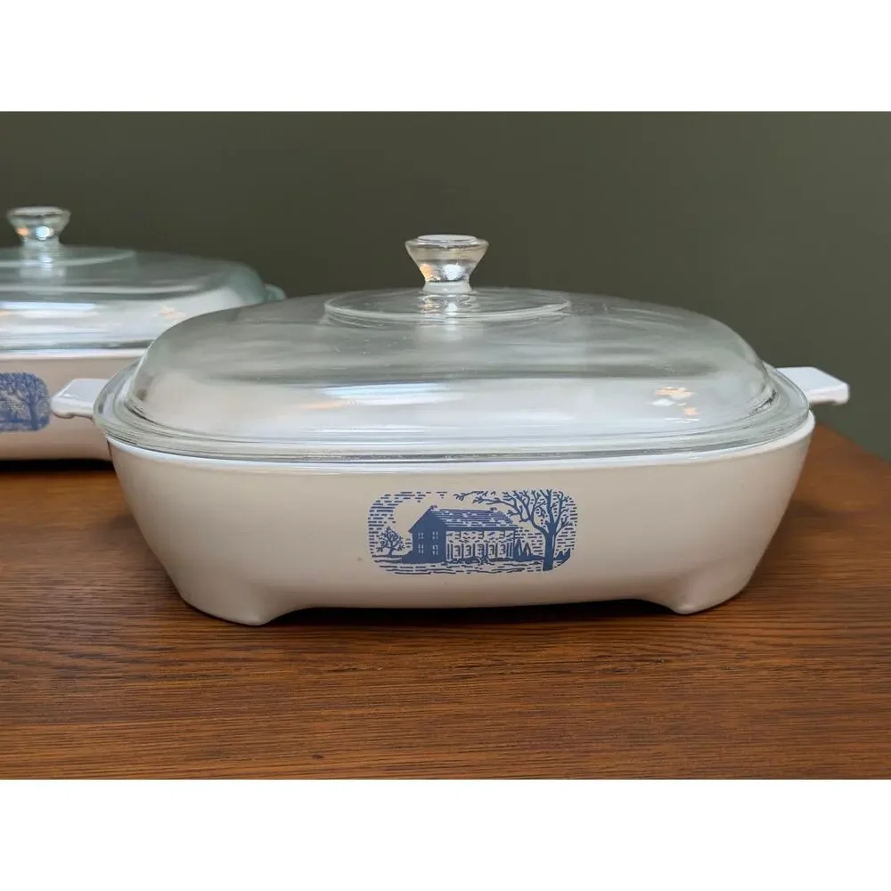 Set of 4 Vintage CorningWare Colonial House 11” Browning Skillets W/ Pyrex Lids